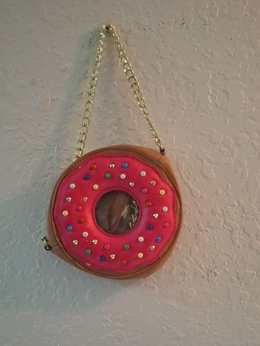 Betsey Johnson Pink Donut Mini Crossbody Bag with Gold Chain